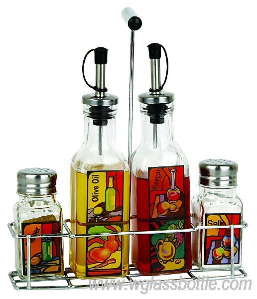 Colored Oil bottles with iron shelf